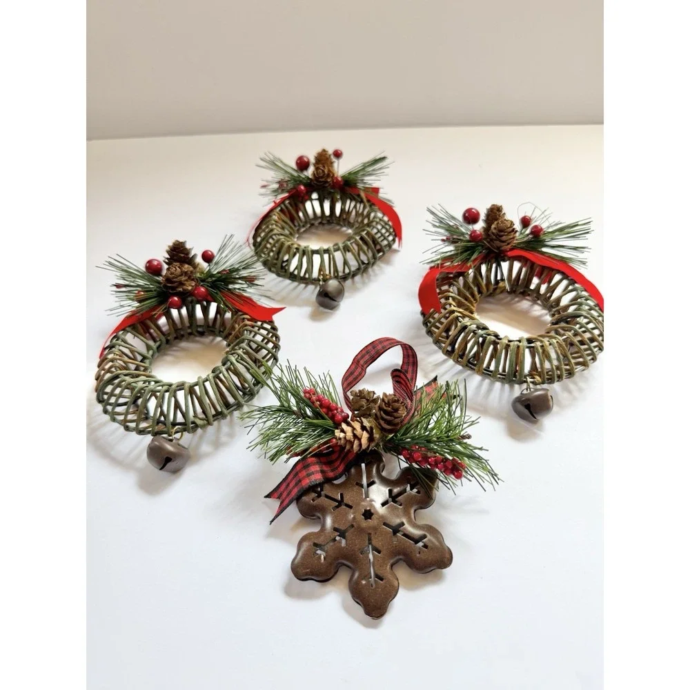 Rustic Metal Wreath Sleigh Bell Snowflake Ornaments Country Christmas 4pc Set
